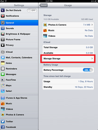 iDevice Usage Settings, Manage Storage